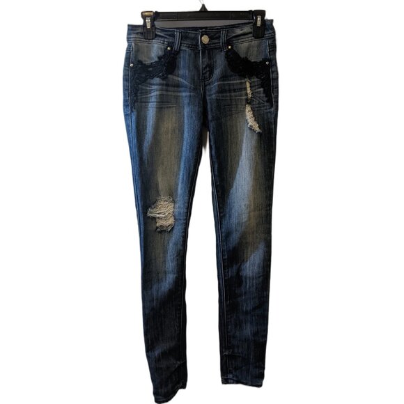 Vintage Y2K Almost Famous Distressed Skinny Jeans Low Rise Lace Detail Denim 1 - Picture 2 of 9
